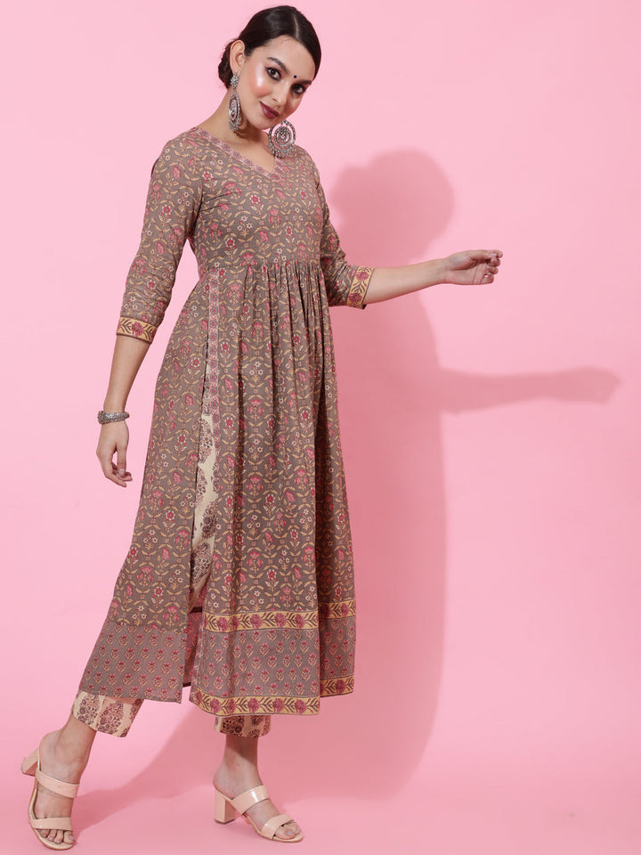 Cotton Calf Length Printed Semi-Flared 3/4 Sleeves V-Neck Kurta Bottom Dupatta Set