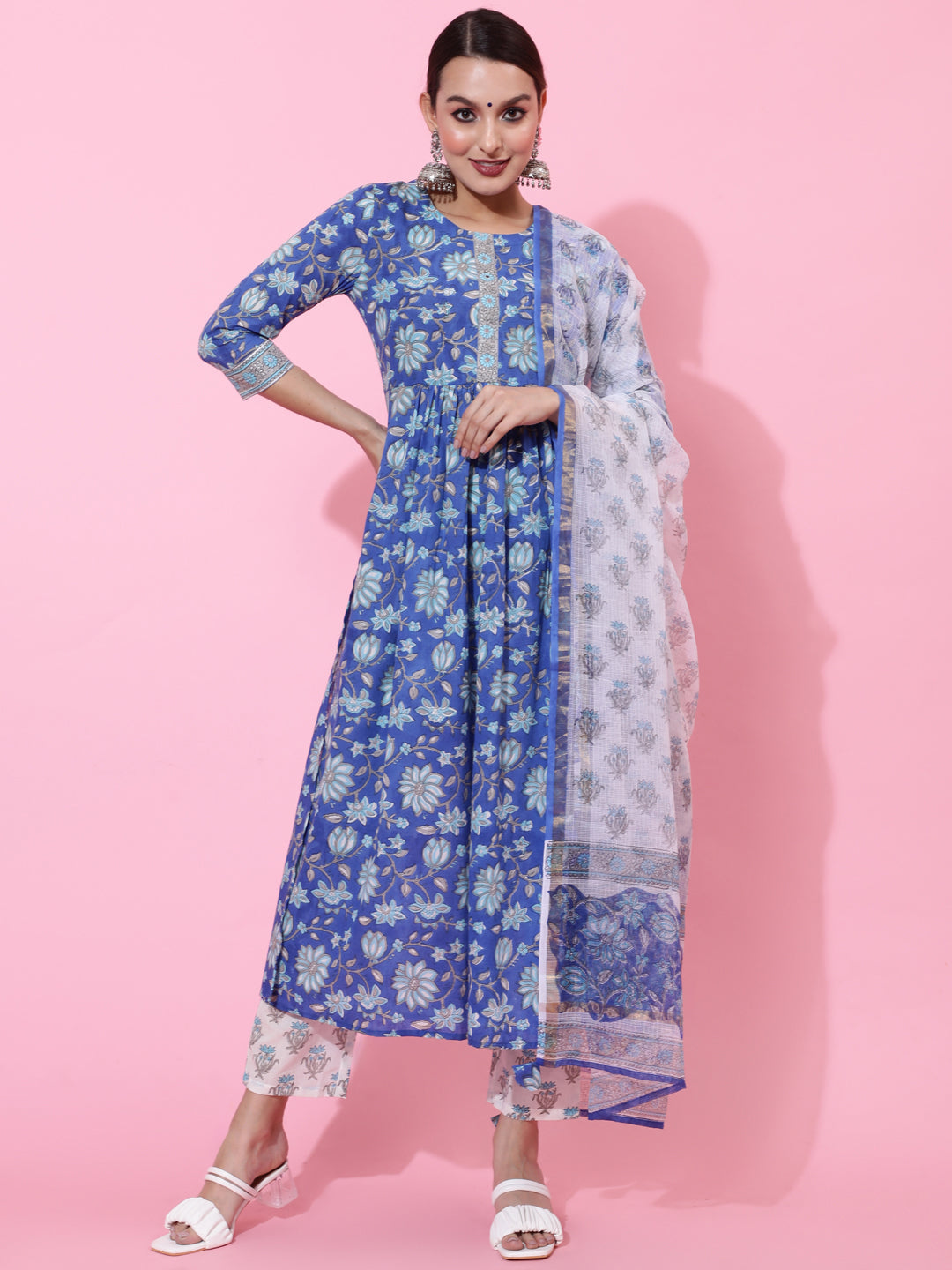 Cotton Calf Length Printed Semi-Flared 3/4 Sleeves Round Neck Kurta Bottom Dupatta Set