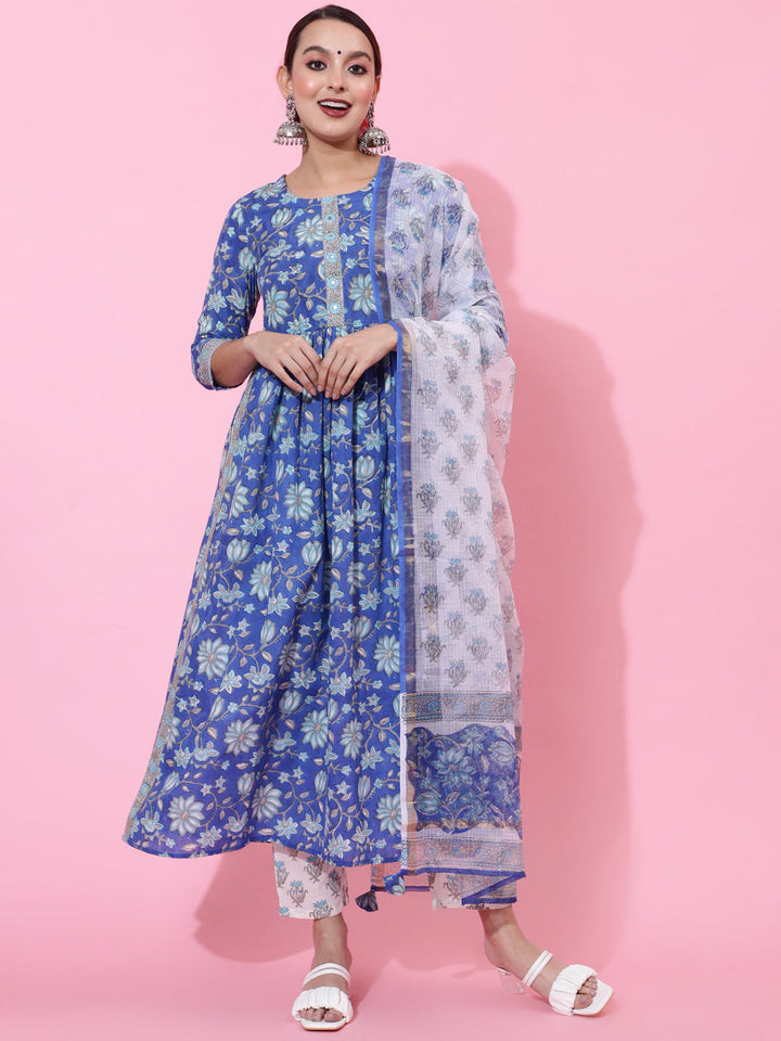Cotton Calf Length Printed Semi-Flared 3/4 Sleeves Round Neck Kurta Bottom Dupatta Set