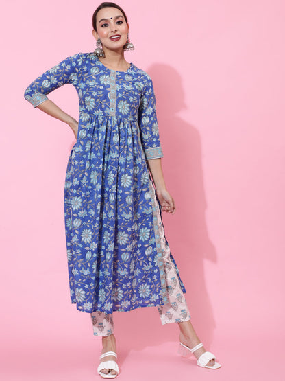 Cotton Calf Length Printed Semi-Flared 3/4 Sleeves Round Neck Kurta Bottom Dupatta Set