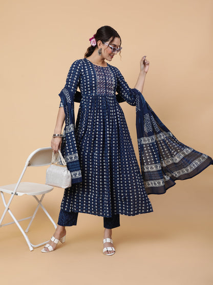 Cotton Calf Length Printed Semi-Flared 3/4 Sleeves Round Neck Kurta Bottom Dupatta Set