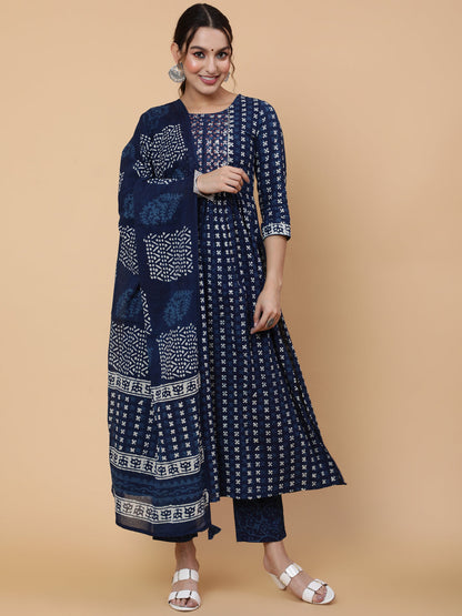 Cotton Calf Length Printed Semi-Flared 3/4 Sleeves Round Neck Kurta Bottom Dupatta Set