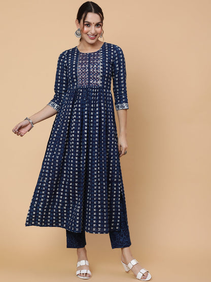 Cotton Calf Length Printed Semi-Flared 3/4 Sleeves Round Neck Kurta Bottom Dupatta Set