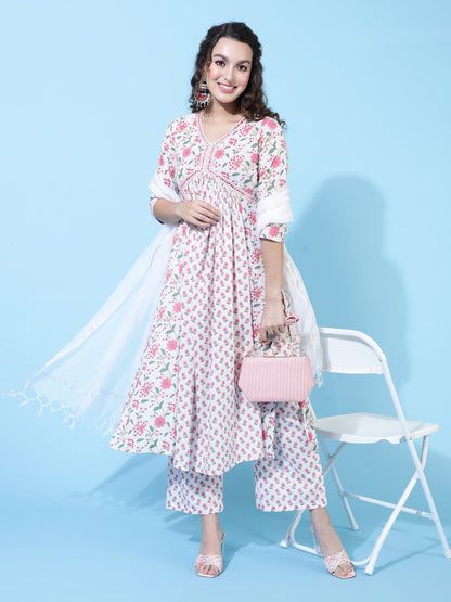 Cotton Calf Length Printed Semi-Flared 3/4 Sleeves V-Neck Kurta Bottom Dupatta Set