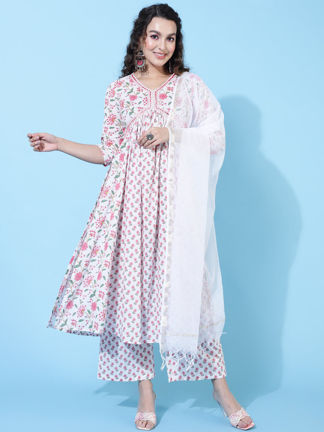 Cotton Calf Length Printed Semi-Flared 3/4 Sleeves V-Neck Kurta Bottom Dupatta Set