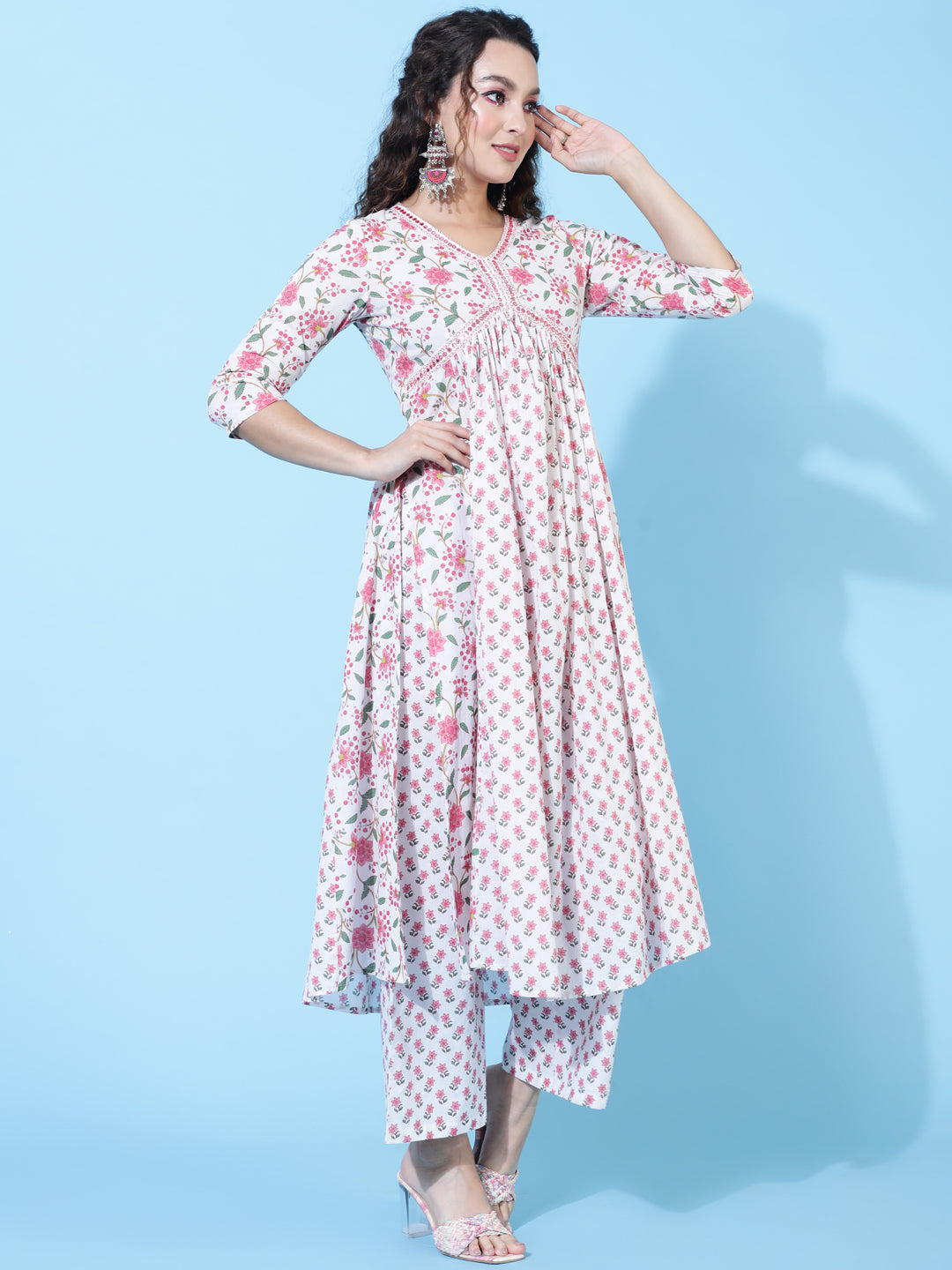 Cotton Calf Length Printed Semi-Flared 3/4 Sleeves V-Neck Kurta Bottom Dupatta Set