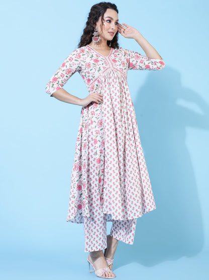 Cotton Calf Length Printed Semi-Flared 3/4 Sleeves V-Neck Kurta Bottom Dupatta Set