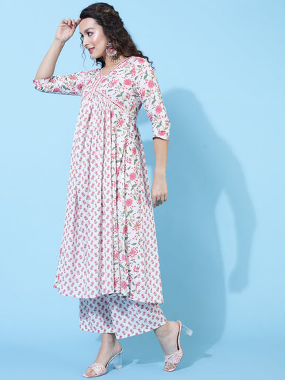 Cotton Calf Length Printed Semi-Flared 3/4 Sleeves V-Neck Kurta Bottom Dupatta Set