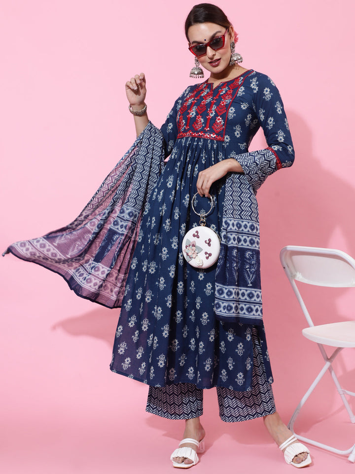 Cotton Calf Length Printed Semi-Flared 3/4 Sleeves Round Neck Kurta Bottom Dupatta Set
