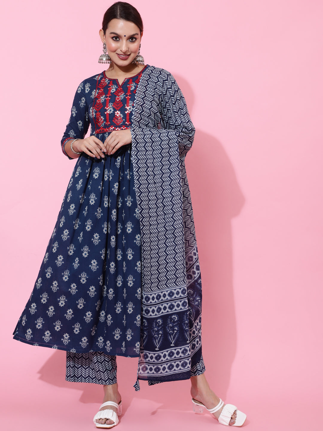 Cotton Calf Length Printed Semi-Flared 3/4 Sleeves Round Neck Kurta Bottom Dupatta Set