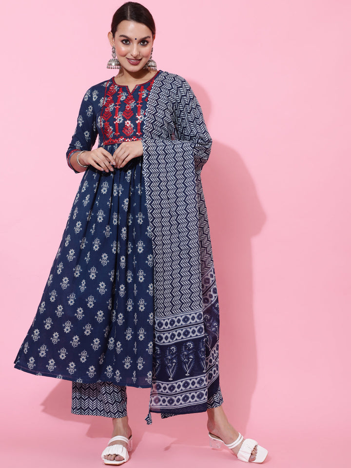 Cotton Calf Length Printed Semi-Flared 3/4 Sleeves Round Neck Kurta Bottom Dupatta Set