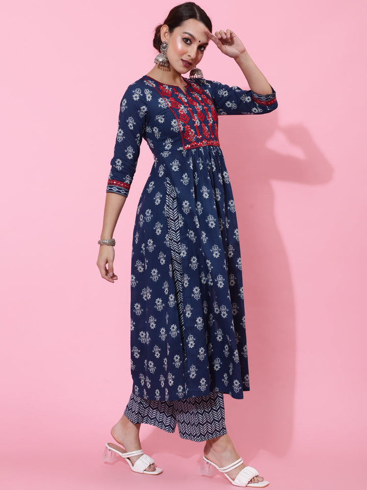 Cotton Calf Length Printed Semi-Flared 3/4 Sleeves Round Neck Kurta Bottom Dupatta Set