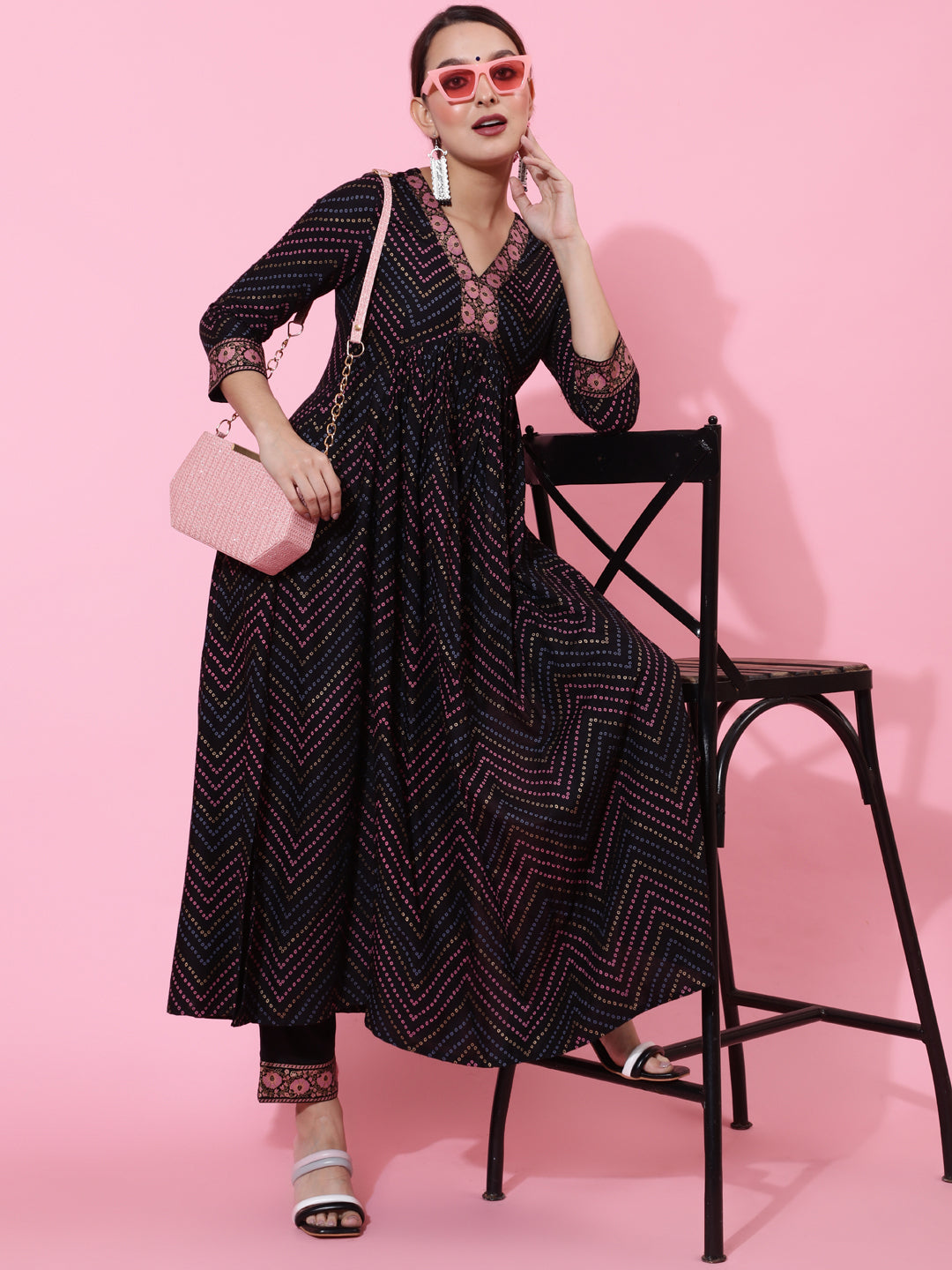 Rayon Calf Length Printed Semi-Flared 3/4 Sleeves V-Neck Kurta Bottom Set