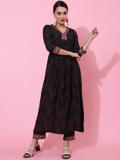 Rayon Calf Length Printed Semi-Flared 3/4 Sleeves V-Neck Kurta Bottom Set