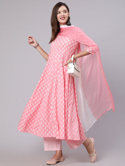 Cotton Calf Length Printed Flared 3/4 Sleeve Round Neck Kurta Bottom Dupatta Set