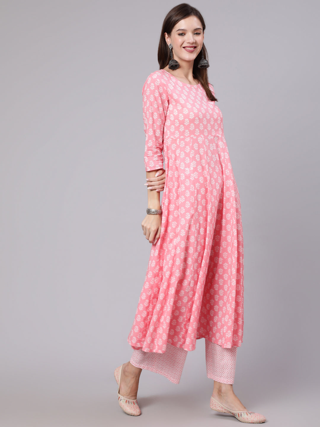 Cotton Calf Length Printed Flared 3/4 Sleeve Round Neck Kurta Bottom Dupatta Set