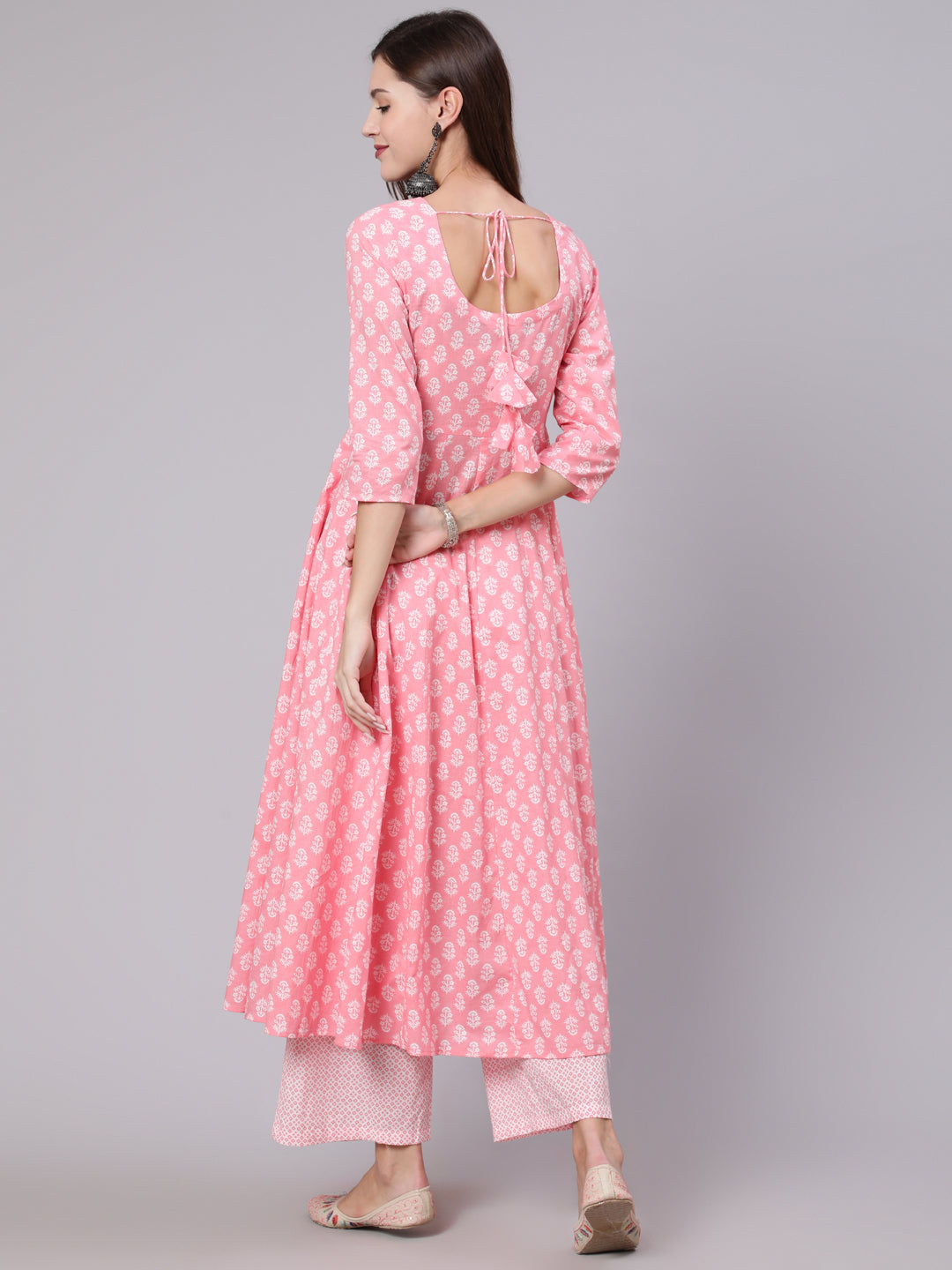 Cotton Calf Length Printed Flared 3/4 Sleeve Round Neck Kurta Bottom Dupatta Set