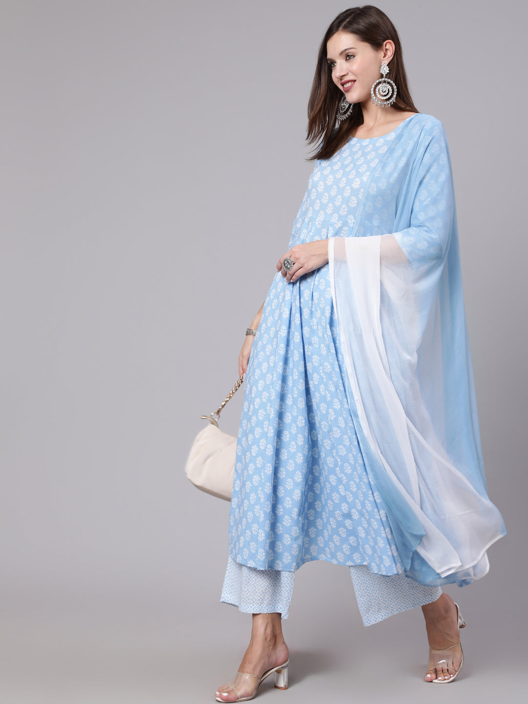 Cotton Calf Length Printed Flared 3/4 Sleeve Round Neck Kurta Bottom Dupatta Set