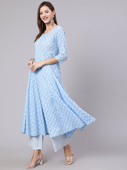 Cotton Calf Length Printed Flared 3/4 Sleeve Round Neck Kurta Bottom Dupatta Set