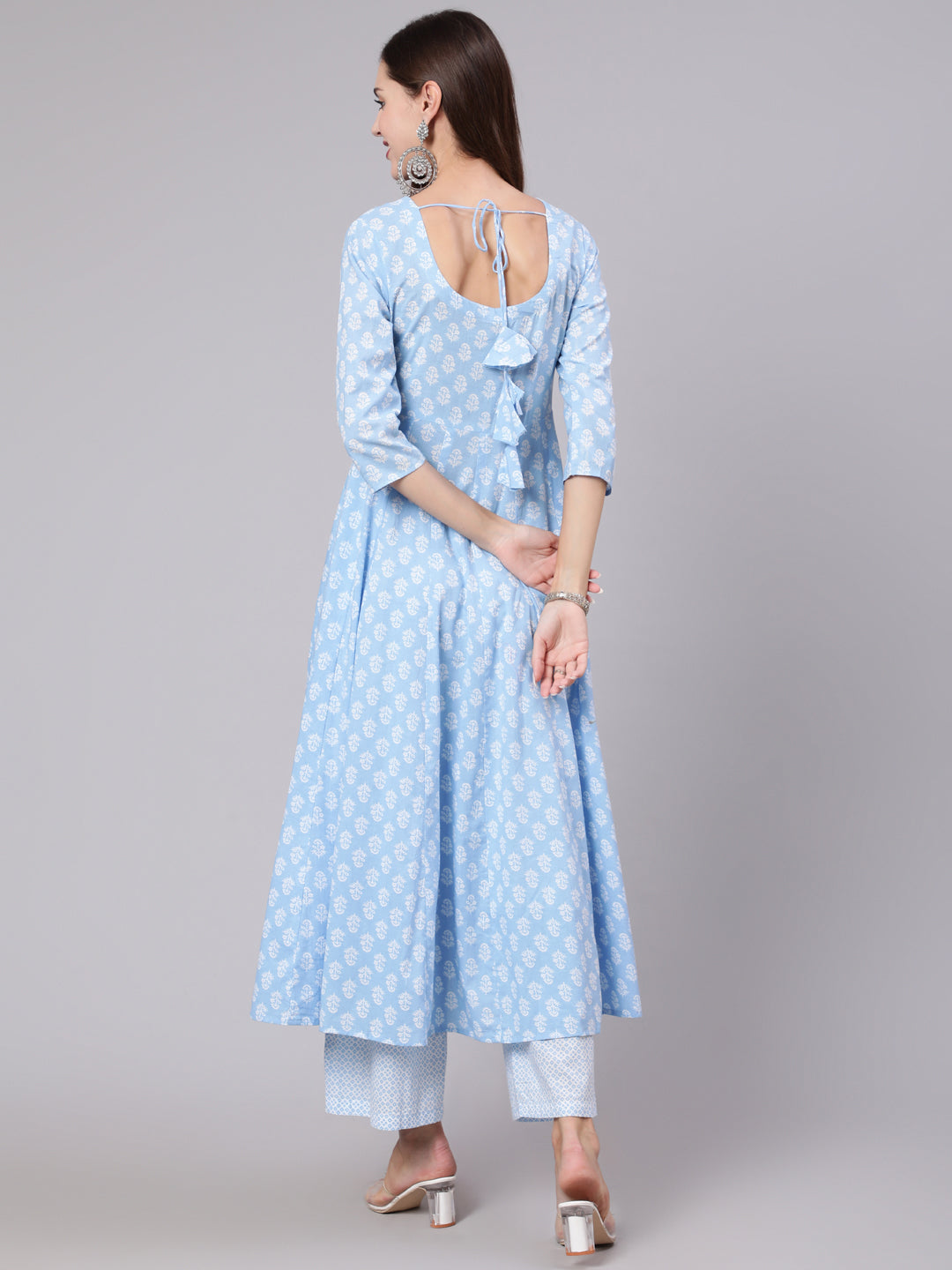 Cotton Calf Length Printed Flared 3/4 Sleeve Round Neck Kurta Bottom Dupatta Set