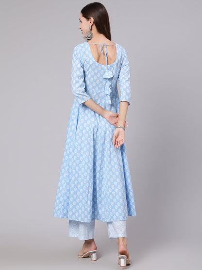 Cotton Calf Length Printed Flared 3/4 Sleeve Round Neck Kurta Bottom Dupatta Set