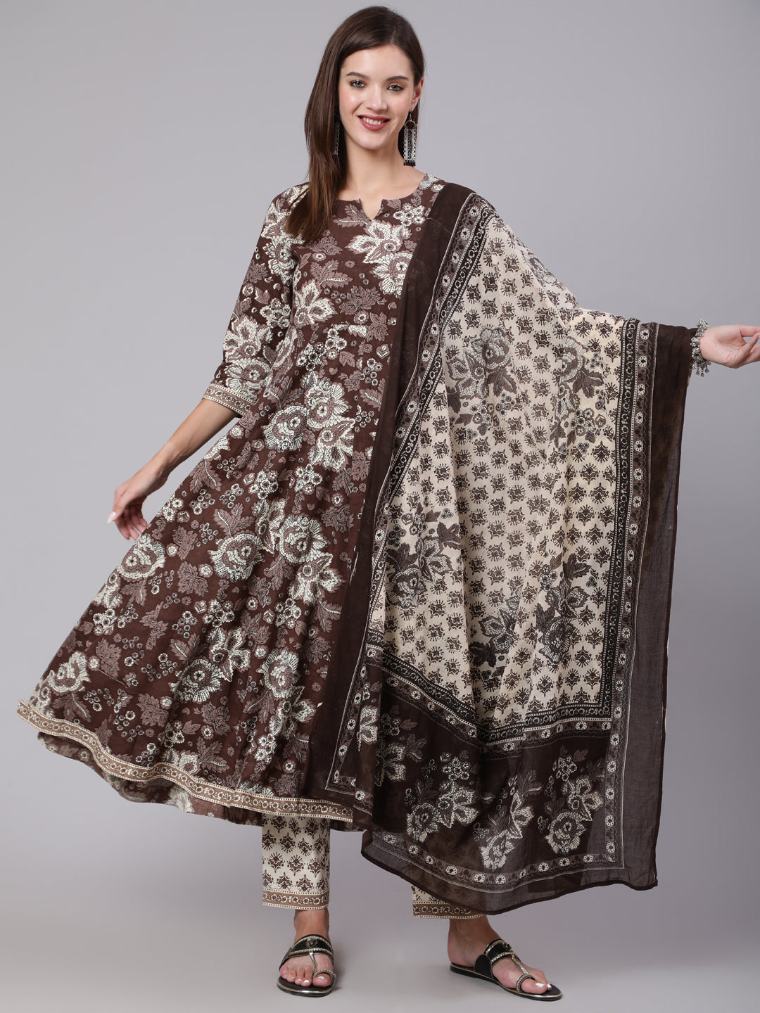 Cotton Calf Length Printed Flared 3/4 Sleeve Round Neck Kurta Bottom Dupatta Set