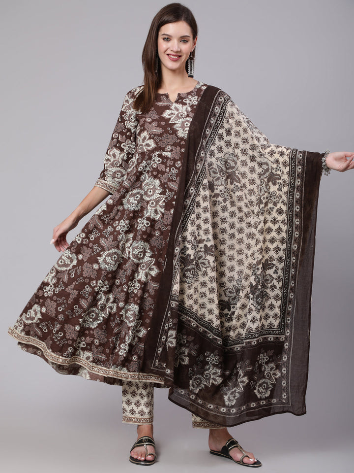 Cotton Calf Length Printed Flared 3/4 Sleeve Round Neck Kurta Bottom Dupatta Set