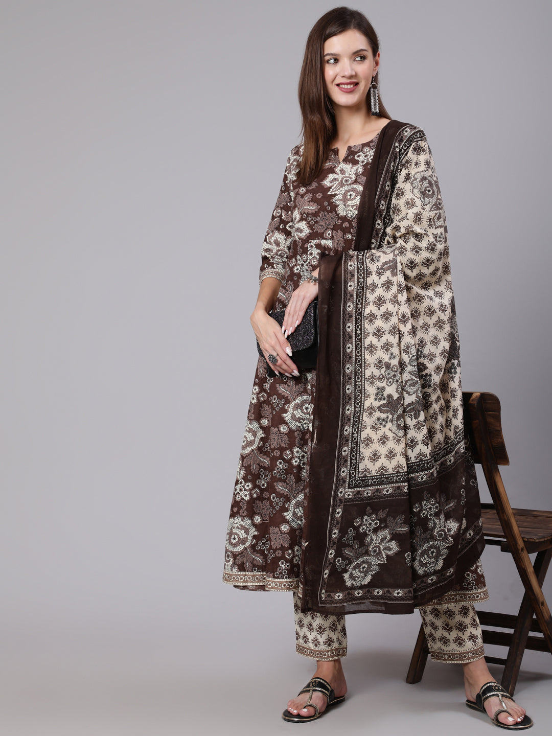 Cotton Calf Length Printed Flared 3/4 Sleeve Round Neck Kurta Bottom Dupatta Set