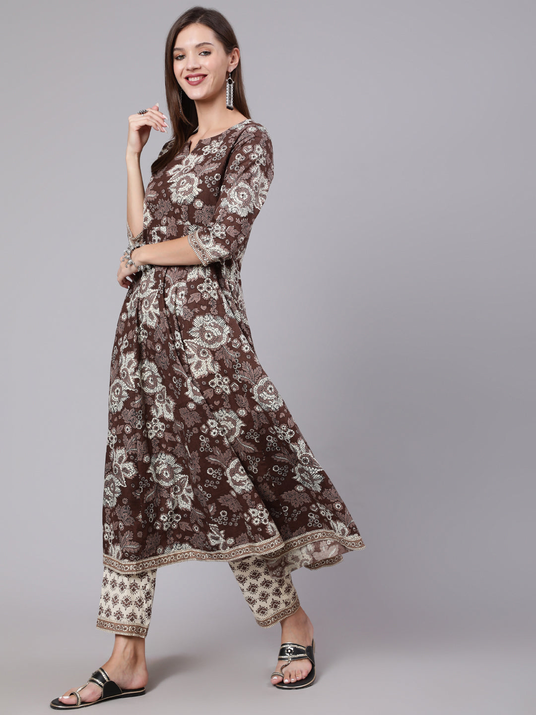 Cotton Calf Length Printed Flared 3/4 Sleeve Round Neck Kurta Bottom Dupatta Set