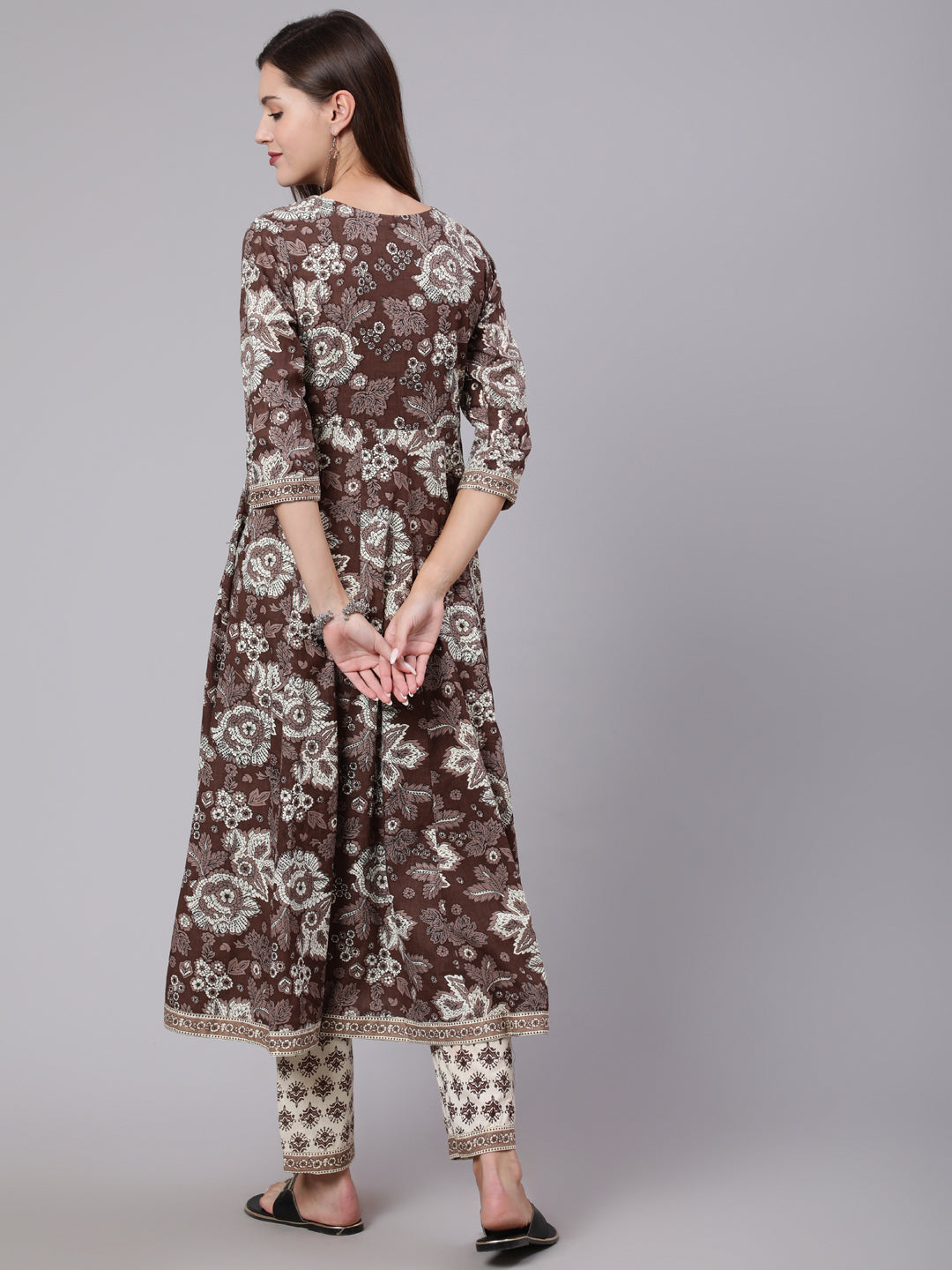 Cotton Calf Length Printed Flared 3/4 Sleeve Round Neck Kurta Bottom Dupatta Set
