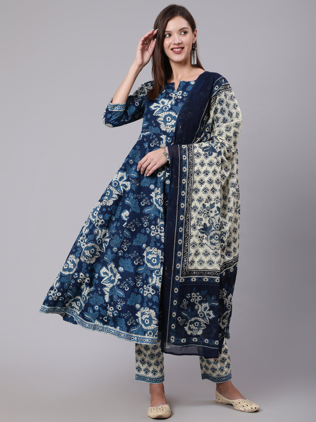 Cotton Calf Length Printed Flared 3/4 Sleeve Round Neck Kurta Bottom Dupatta Set