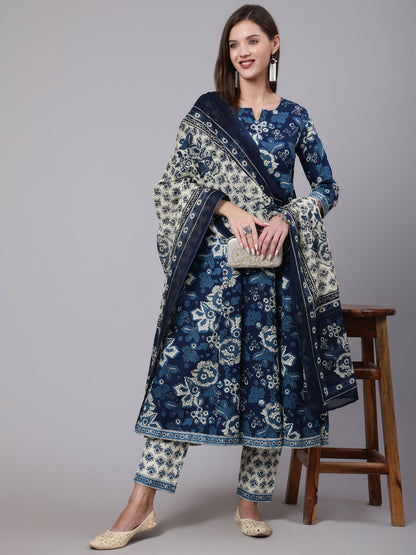 Cotton Calf Length Printed Flared 3/4 Sleeve Round Neck Kurta Bottom Dupatta Set