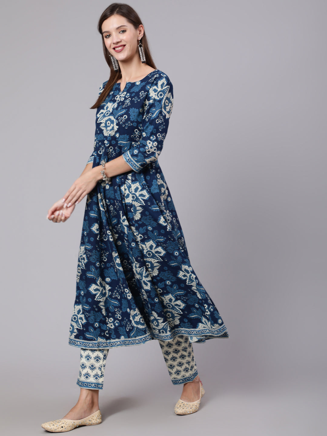 Cotton Calf Length Printed Flared 3/4 Sleeve Round Neck Kurta Bottom Dupatta Set