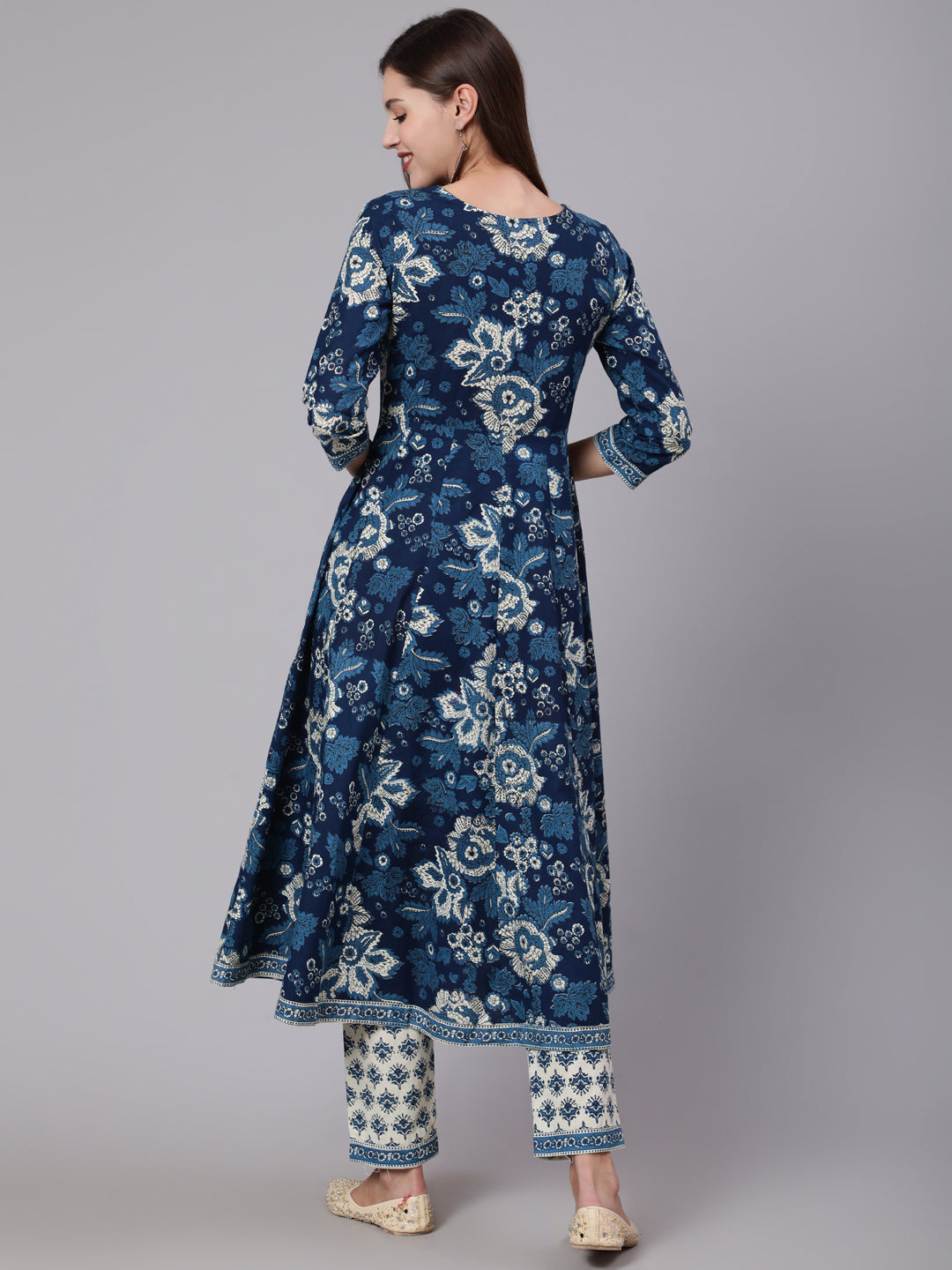 Cotton Calf Length Printed Flared 3/4 Sleeve Round Neck Kurta Bottom Dupatta Set