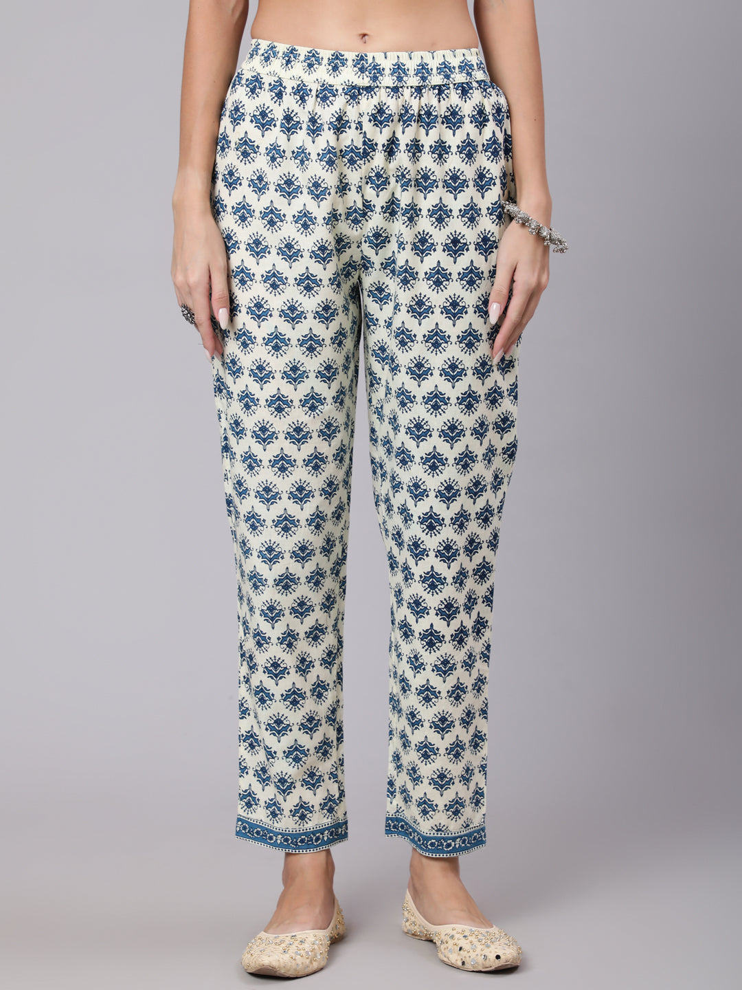 Cotton Calf Length Printed Flared 3/4 Sleeve Round Neck Kurta Bottom Dupatta Set