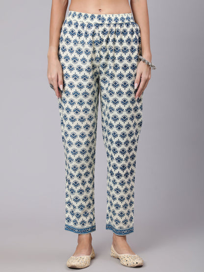 Cotton Calf Length Printed Flared 3/4 Sleeve Round Neck Kurta Bottom Dupatta Set