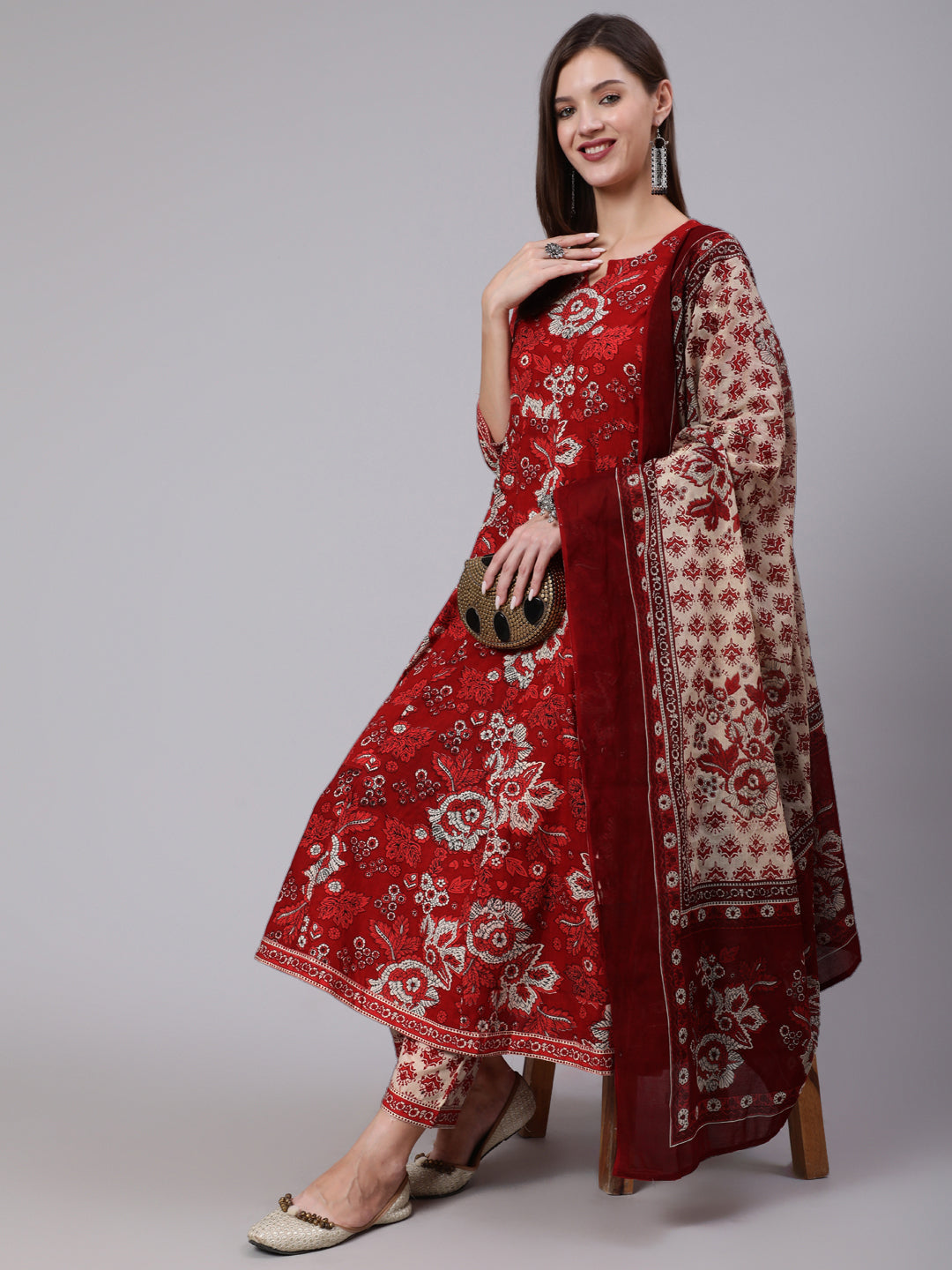 Cotton Calf Length Printed Flared 3/4 Sleeve Round Neck Kurta Bottom Dupatta Set