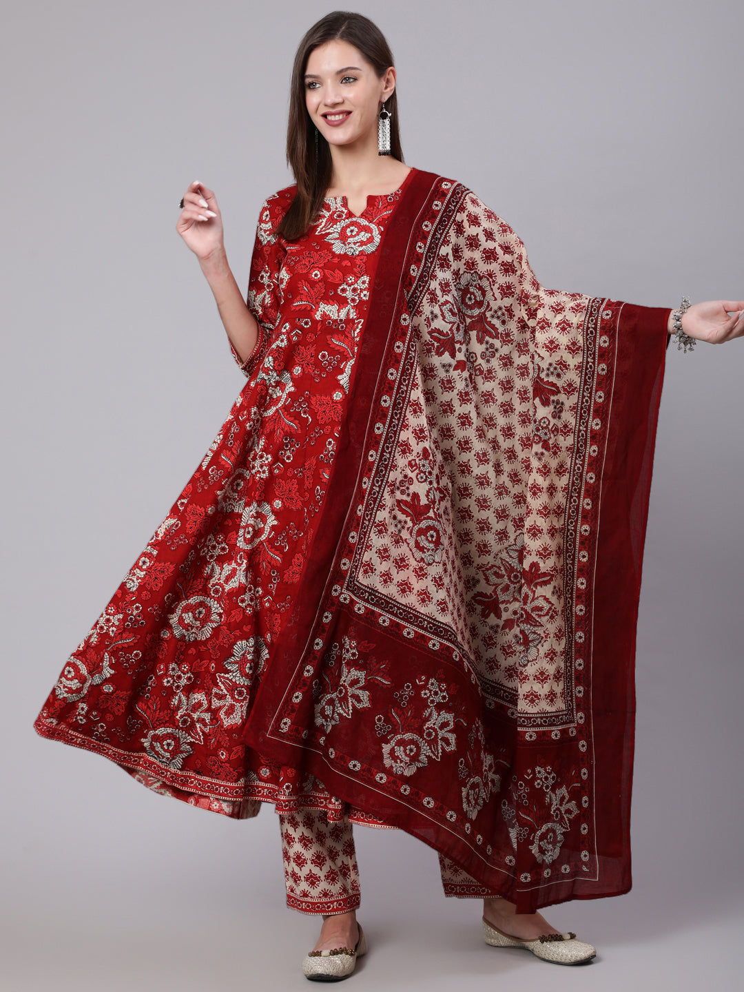 Cotton Calf Length Printed Flared 3/4 Sleeve Round Neck Kurta Bottom Dupatta Set