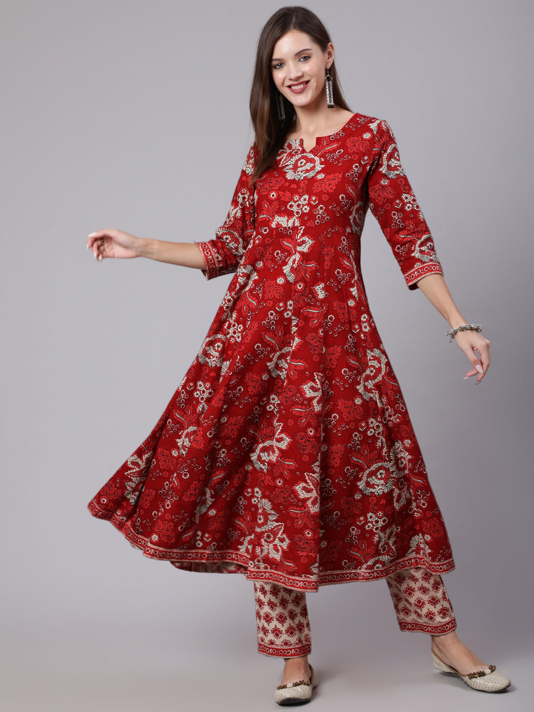 Cotton Calf Length Printed Flared 3/4 Sleeve Round Neck Kurta Bottom Dupatta Set