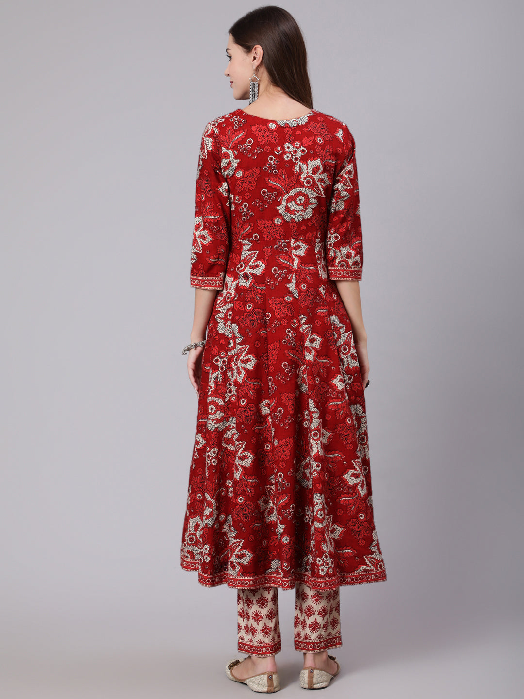 Cotton Calf Length Printed Flared 3/4 Sleeve Round Neck Kurta Bottom Dupatta Set