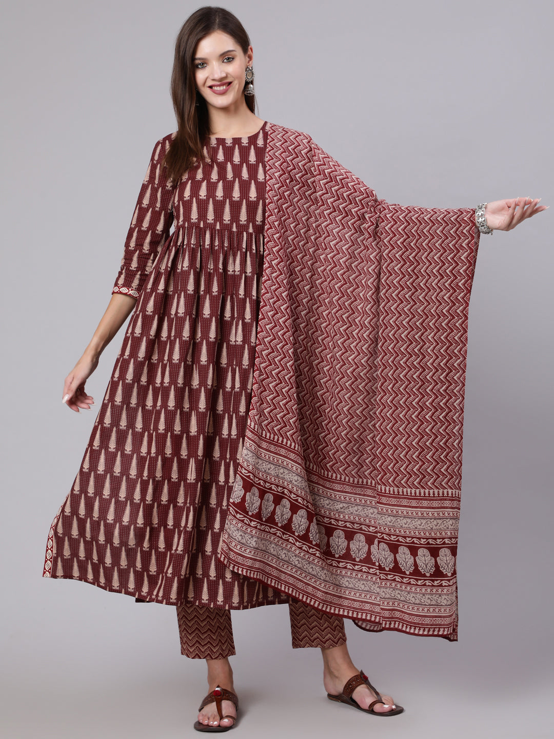 Cotton Calf Length Printed Semi Flared 3/4 Sleeve Round Neck Kurta Bottom Dupatta Set