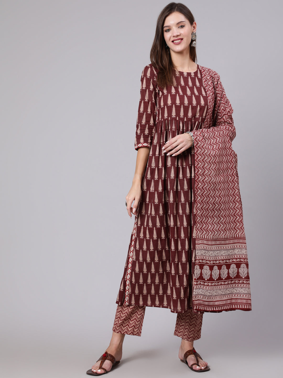 Cotton Calf Length Printed Semi Flared 3/4 Sleeve Round Neck Kurta Bottom Dupatta Set
