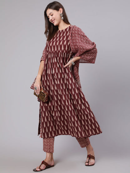 Cotton Calf Length Printed Semi Flared 3/4 Sleeve Round Neck Kurta Bottom Dupatta Set