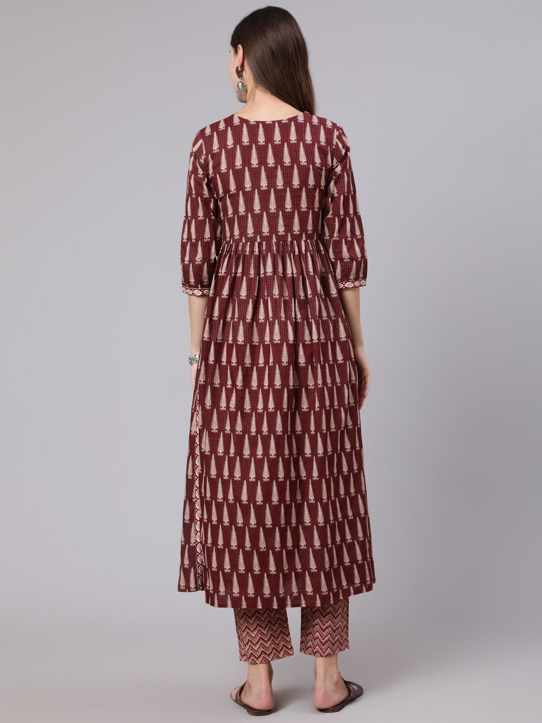 Cotton Calf Length Printed Semi Flared 3/4 Sleeve Round Neck Kurta Bottom Dupatta Set