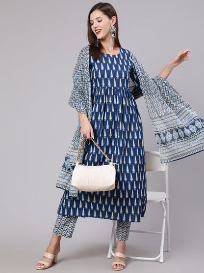 Cotton Calf Length Printed Semi Flared 3/4 Sleeve Round Neck Kurta Bottom Dupatta Set