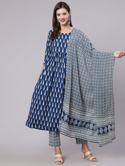 Cotton Calf Length Printed Semi Flared 3/4 Sleeve Round Neck Kurta Bottom Dupatta Set