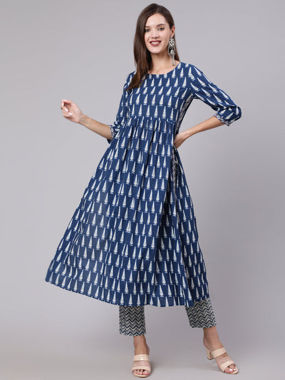 Cotton Calf Length Printed Semi Flared 3/4 Sleeve Round Neck Kurta Bottom Dupatta Set