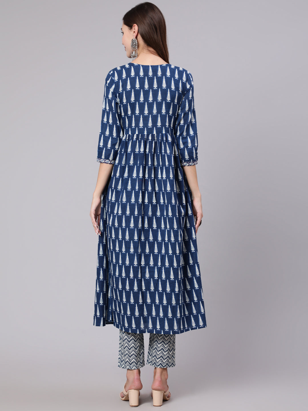 Cotton Calf Length Printed Semi Flared 3/4 Sleeve Round Neck Kurta Bottom Dupatta Set