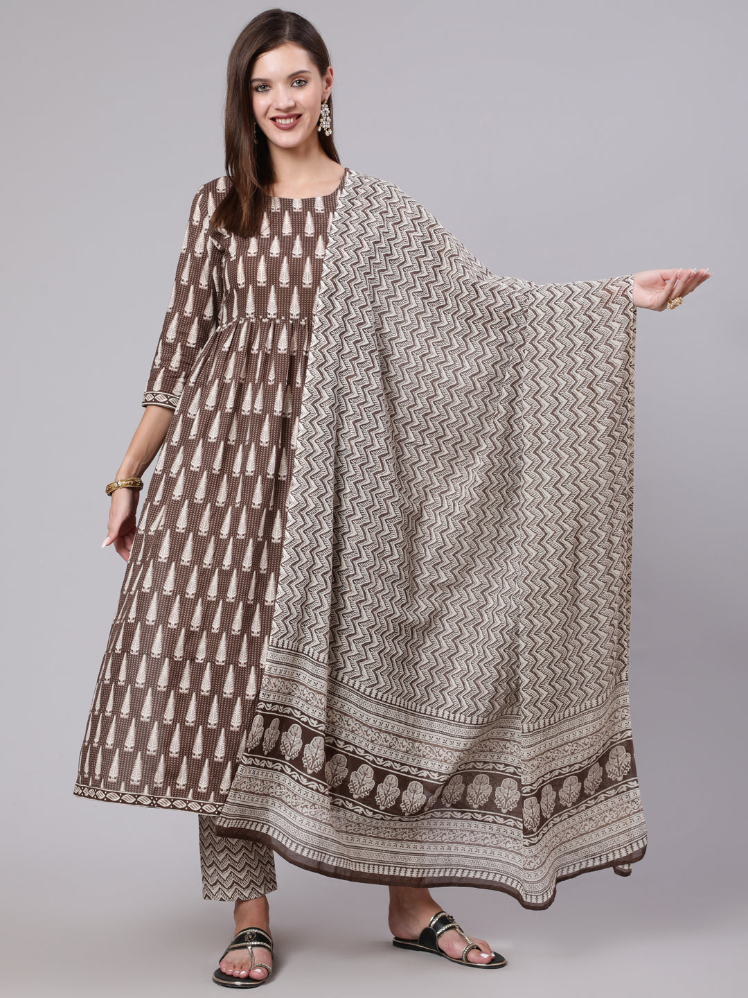 Cotton Calf Length Printed Semi Flared 3/4 Sleeve Round Neck Kurta Bottom Dupatta Set