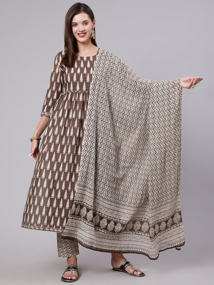 Cotton Calf Length Printed Semi Flared 3/4 Sleeve Round Neck Kurta Bottom Dupatta Set